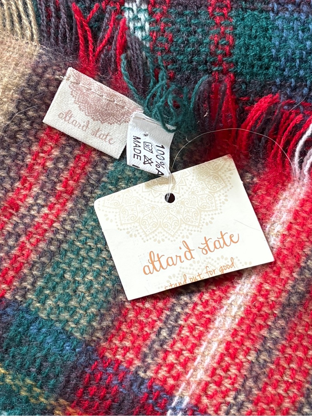 Altar'd State Plaid Wrap Scarf - Large Fringe Red, Green, and Cream - Picture 7 of 13
